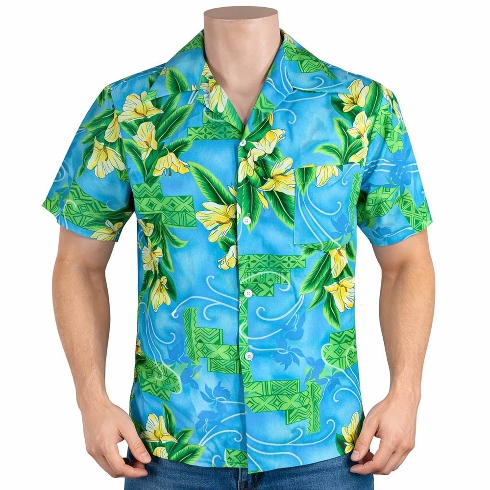Pomare Hawaiian Aloha Shirt Medium Tropical Floral‎ Tribal Symbols Pale Blue